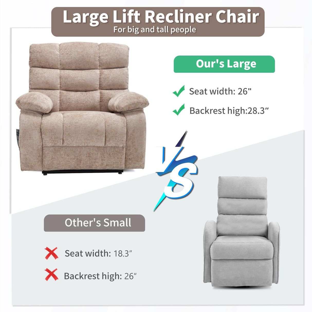 EZZUP Lay Flat Recliner with Vibration Massage and Lumbar Heating, 26'' Wide Recliner Chair with Infinite Position and 2 Remote Controls, Soft Chenille Lift Recliner for Living Room, Khaki EZZUP