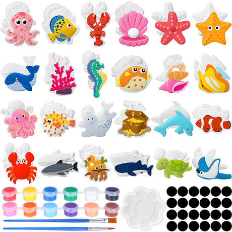 Soulchen 24 Set Ocean Animals Ceramic Painting Kits Sea Animals Ceramic Figurines to Paint with Magnets, Paint Your Own Summer Crafts DIY Unpainted Plaster Figurine Arts with Brushes Palettes Soulchen