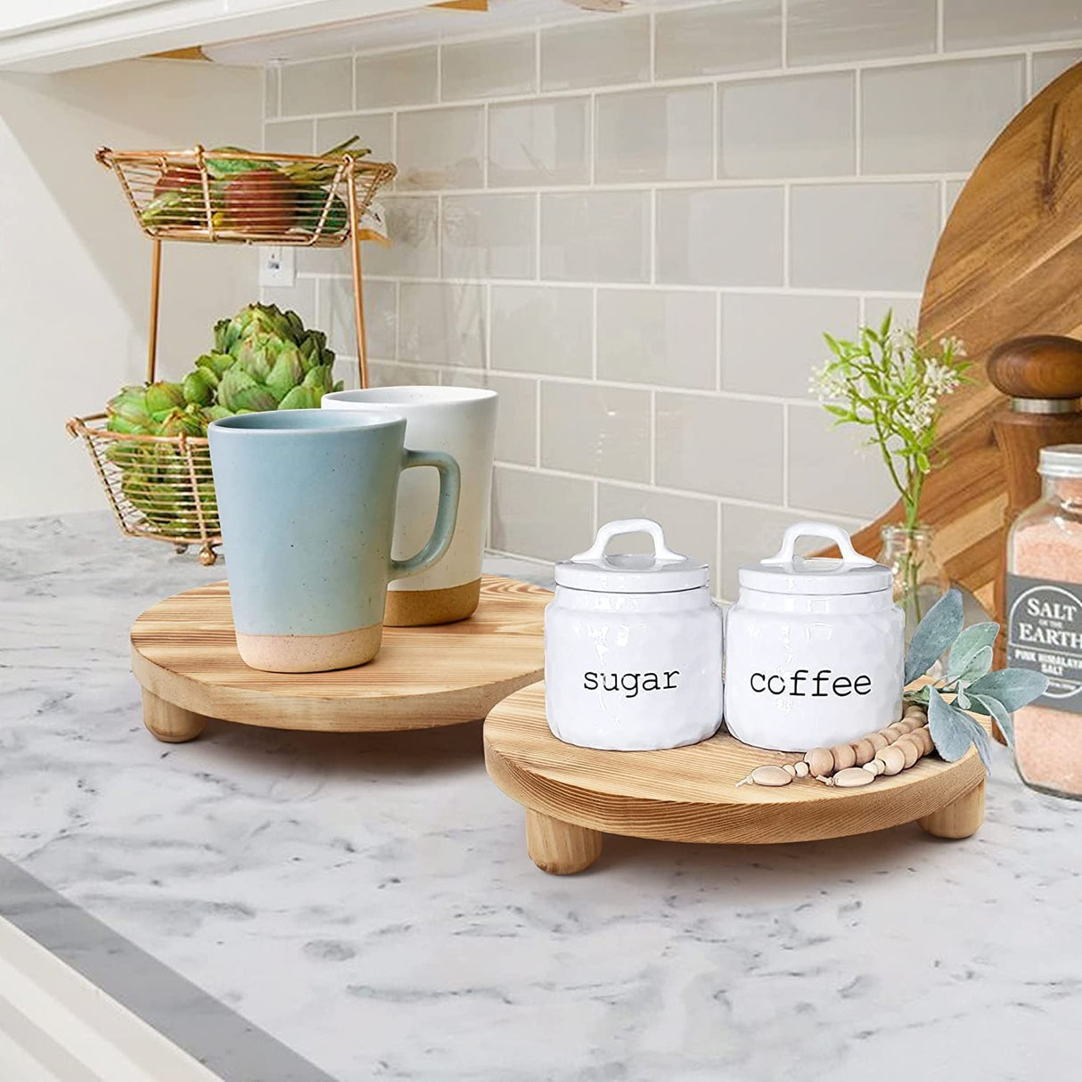 DEAMACE Wood Riser for Decor, 2 Pack Wood Pedestal Stand for Display, Round Wooden Tray for Kitchen Counter, Wooden Pedestal Stand for Plant Pot Indoor DEAMACE