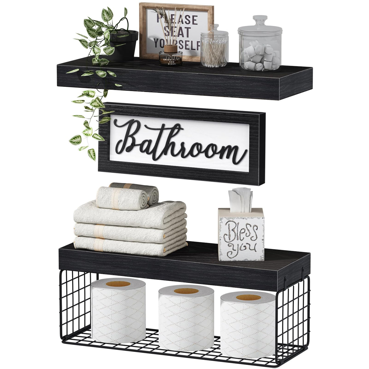 QEEIG ‎Bathroom Shelves Over Toilet - Paper Storage Wall Mounted Farmhouse Decor Decorations Aesthetic Décor Sign Small Floating Shelf 2+1 Set 16 inch, Black (020B) QEEIG