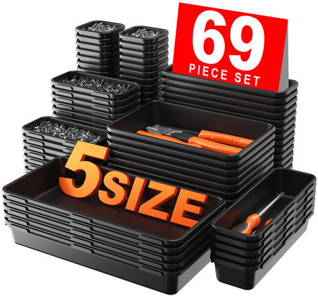 【More Larger Size】A-LUGEI【69Pcs】【5 Size】 Tool Box Organizer Tray Divider Set, 【Black】 Desk Drawer Organizer, Garage Organization and Storage Toolbox for Rolling Tool Chest Cart Cabinet WorkBench Parts A-LuGei
