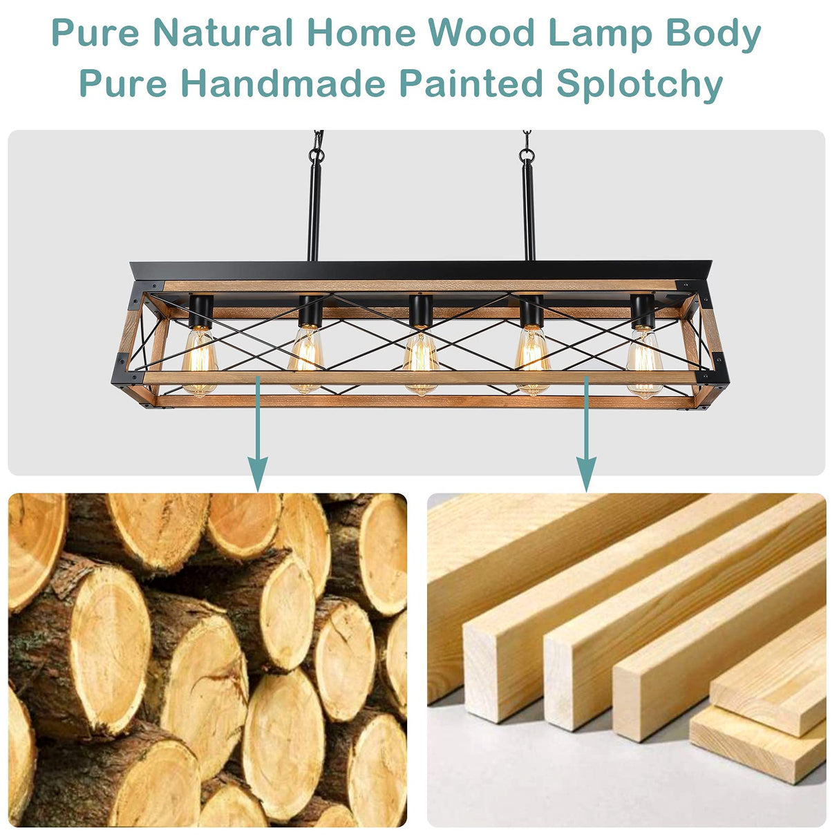 Airposta Farmhouse Rustic Wood Chandelier, 5 Lights Metal Rectangle Dining Room Swag Lighting, Kitchen Island Industrial Linear Cage Pendant Light Fixtures Hanging Lamp Airposta