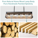 Airposta Farmhouse Rustic Wood Chandelier, 5 Lights Metal Rectangle Dining Room Swag Lighting, Kitchen Island Industrial Linear Cage Pendant Light Fixtures Hanging Lamp Airposta