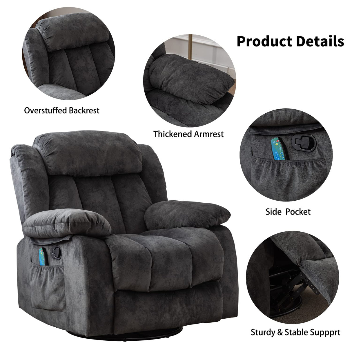 CANMOV Massage Swivel Rocker Recliner Chair with Heat and Vibration,360 Degree Manual Swivel Rocking Recliners with Side Pocket, Comfy Fabric Single Sofa Reclining Chair for Living Room, Grey CANMOV