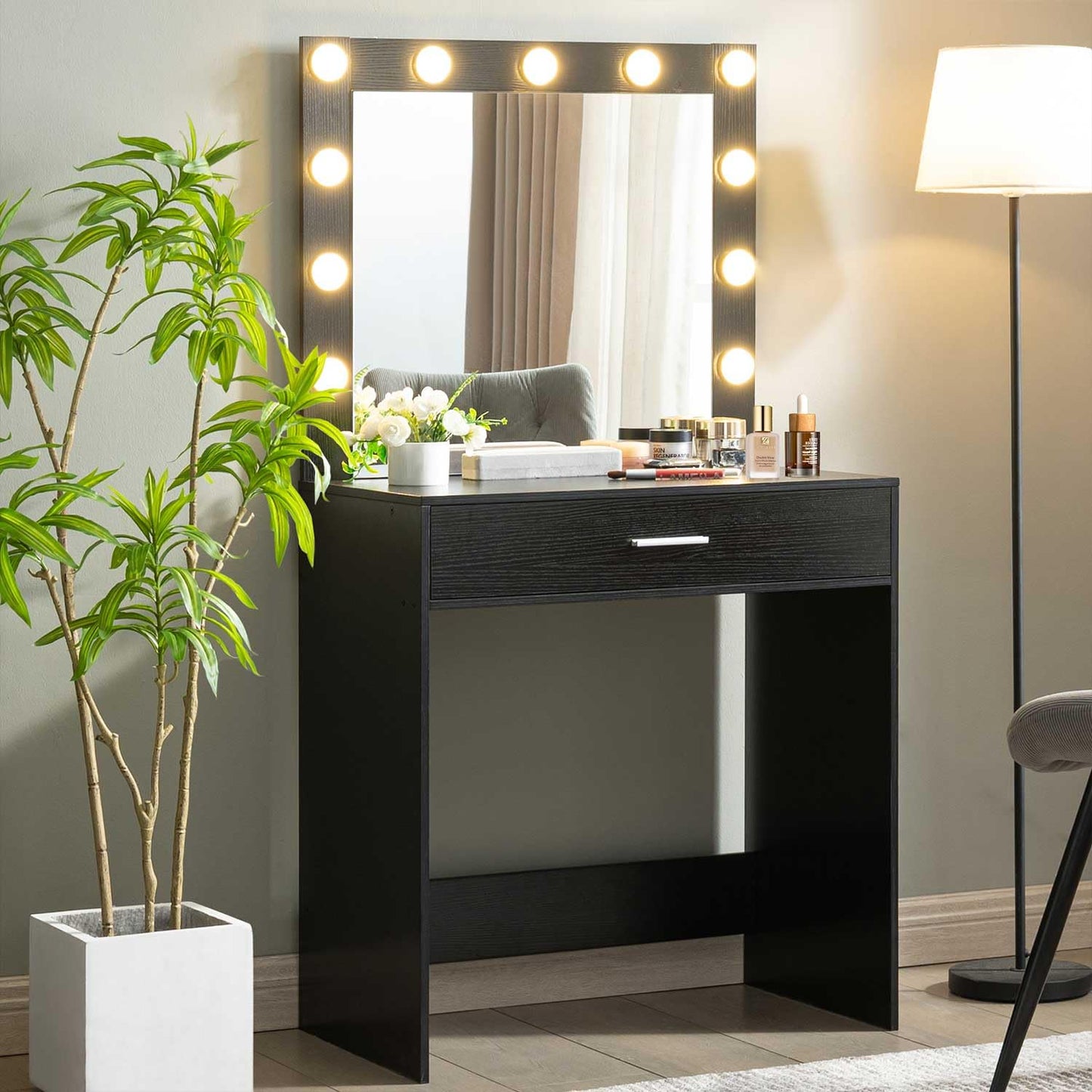 SRECELL Makeup Vanity Desk with Hollywood Mirror, Small Vanity Table with LED Lights & 1 Large Drawers, 3 Color Adjustable Makeup Mirror, Dressing Table for Bedroom, Dressing Room,Black