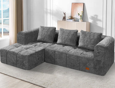 HABUTWAY 103" L-Shaped Modular Sectional Sofa, No Assembly Required Deep Seat Couch with 3 Pillows, Soft Fabric Upholstered, Modern Chaise Lounge for Living Room, Bedroom, Grey