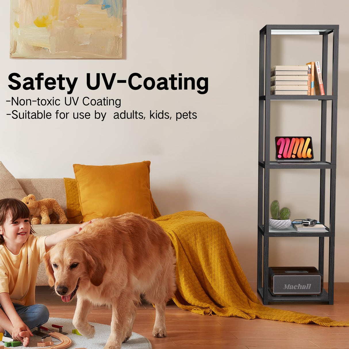 OUTON 67" Glass Display Shelf with Dimmable LED Floor Lamp, Collectibles Display Cabinet with Remote & App Control, 5 Tier Open Bookshelf Lamp for Living Room, Bedroom, Office, Home Decor, Black OUTON