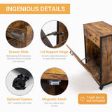 VINGLI Wood Tilt Out Trash Cabinet with Drawer, 10 Gallon Rustic Brown Trash Can Cabinet Tilt Out Barn Door Hidden Trash Can Kitchen Cabinet for Dinning Room, Living Room, Freestanding or Rolling VINGLI