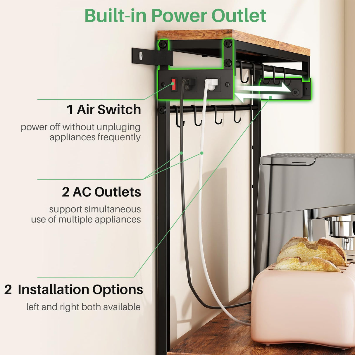 Kitchen Bakers Rack with Power Outlet 10 Hooks, 4 Tiers Coffee Bar Station Cabinet, Microwave Stand with Storage (Rustic Brown, 21.7 x 14.2 x 49.6 Inch) SNTD