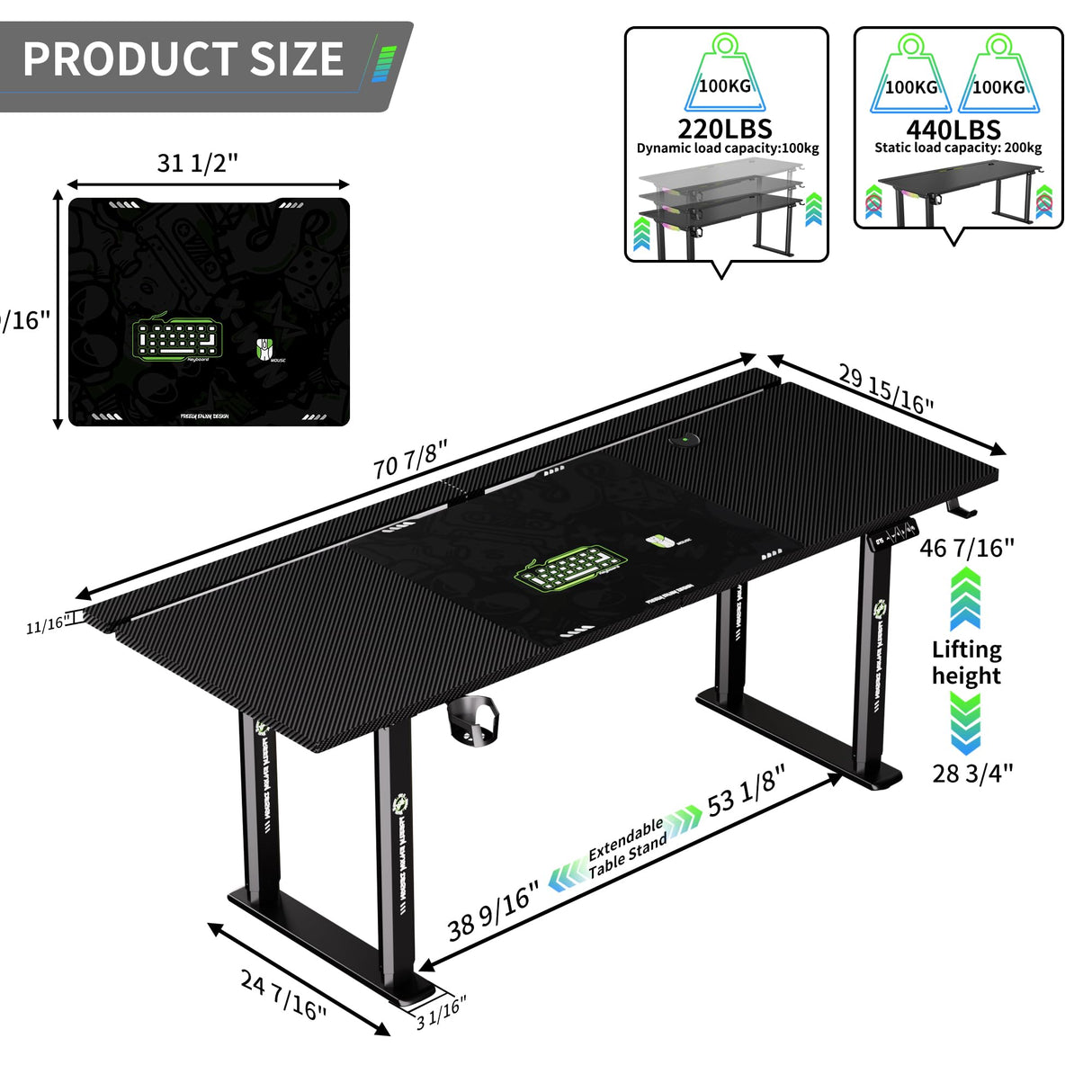 Klobel 71" x 30" Gaming Standing Desk, 4-Leg Electric Height Adjustable, Sit to Stand Desk with LED Light and Locking Wheels, Flip-Top Design, Ergonomic Computer Desk, Carbon Fiber Texture Klobel