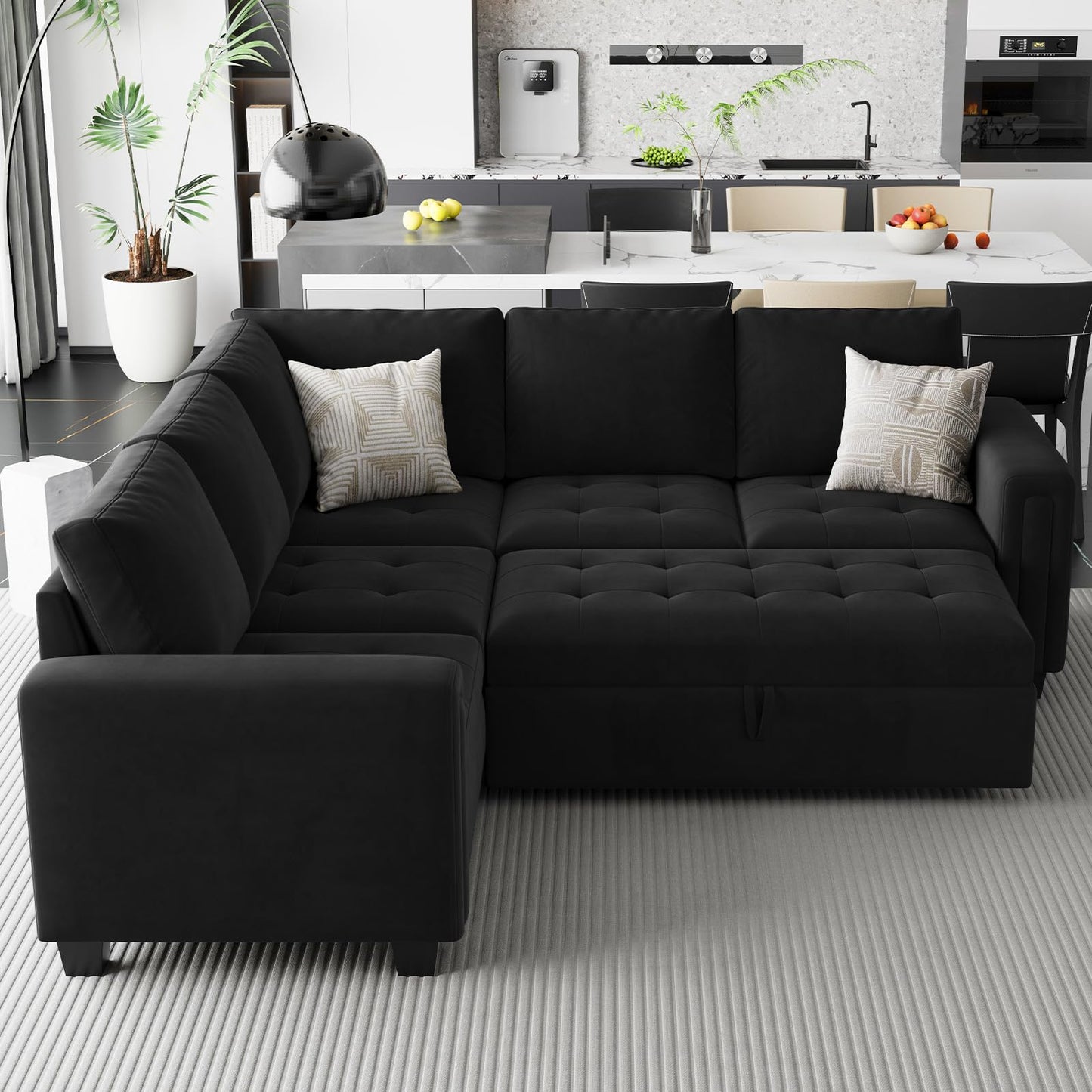 Belffin Modular Sectional Sleeper Sofa with Pull Out Couch Bed Velvet Convertible L Shaped Sectional Couch for Living Room Apartment Black