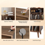 VINGLI Record Player Stand with Open Vinyl Storage, Mid-Century Album Storage Table with LED Light up to 300 Albums, Vinyl Record Player Shelf with Power Outlet for Living Room, Walnut VINGLI