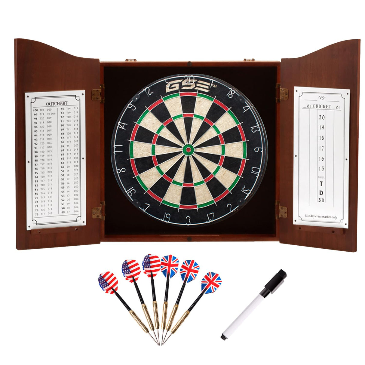GSE Professional Solid Wood Classic Dartboard Cabinet with Sisal/Bristle Dartboard, Dart Scoreboard, and 6 Steel Tip Darts, Easy Assembly Complete with All Accessories(Deluxe Walnut) GSE Games & Sports Expert