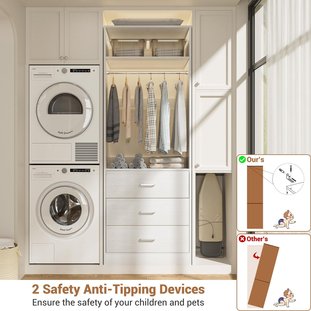 Besiost Freestanding 2FT Closet System with 3 Wood Drawers, 24" Closet Organizer System with Hanging Rod & Shelves, Walk-in Closet Systems for Small Closets, White (24"L x 15" W x 80" H) Besiost