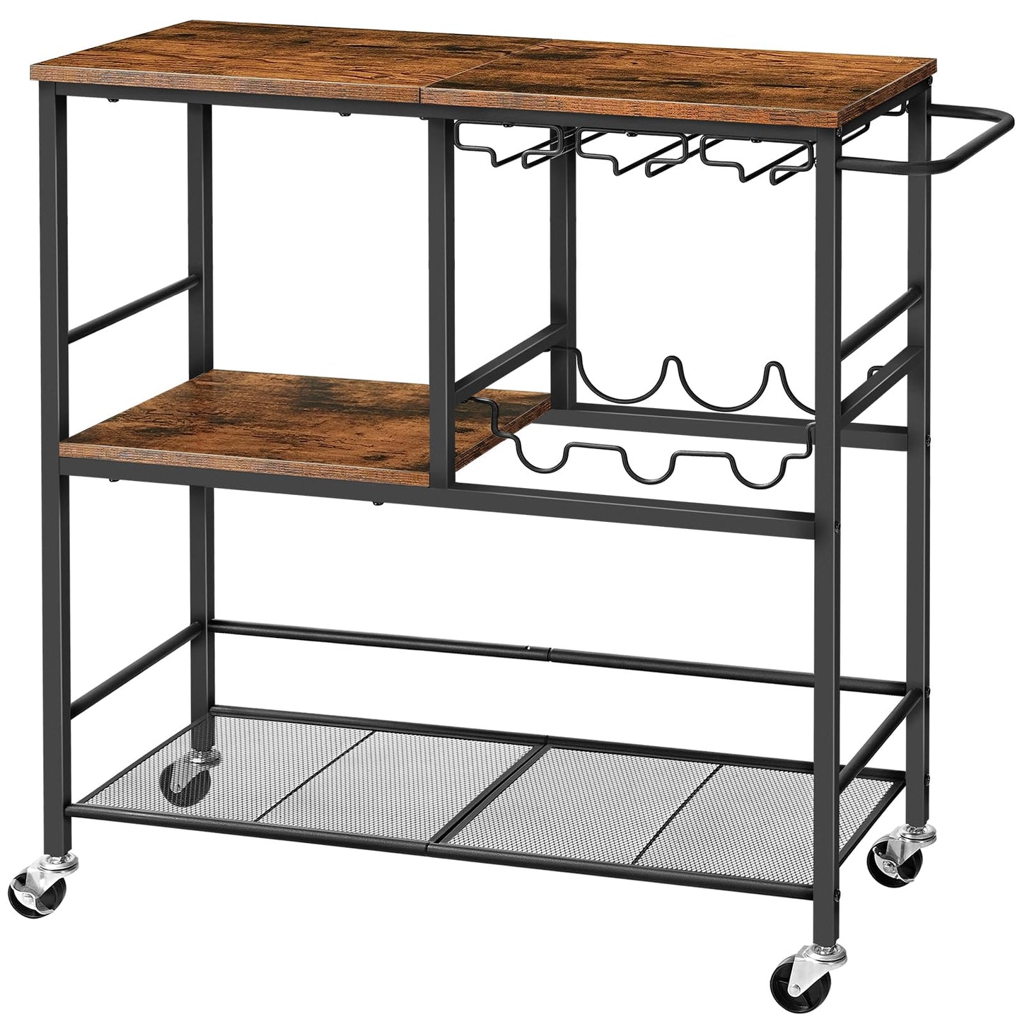 HOOBRO Bar Cart for The Home, 29.5 inches 3-Tier Serving Cart with Wheels, Rolling Kitchen Cart with Wine Rack and Glass Holder for Living Room, Party, Bar, Rustic Brown and Black BF21TC01G1 - WoodArtSupply