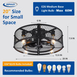 Depuley Flush Mount Ceiling Fan: 20" Caged Ceiling Fans with Lights and Remote App Control for Kitchen Bedroom Farmhouse - Rustic Low Profile Ceiling Fandelier Lights Reversible 6 Speed Timer Black Depuley