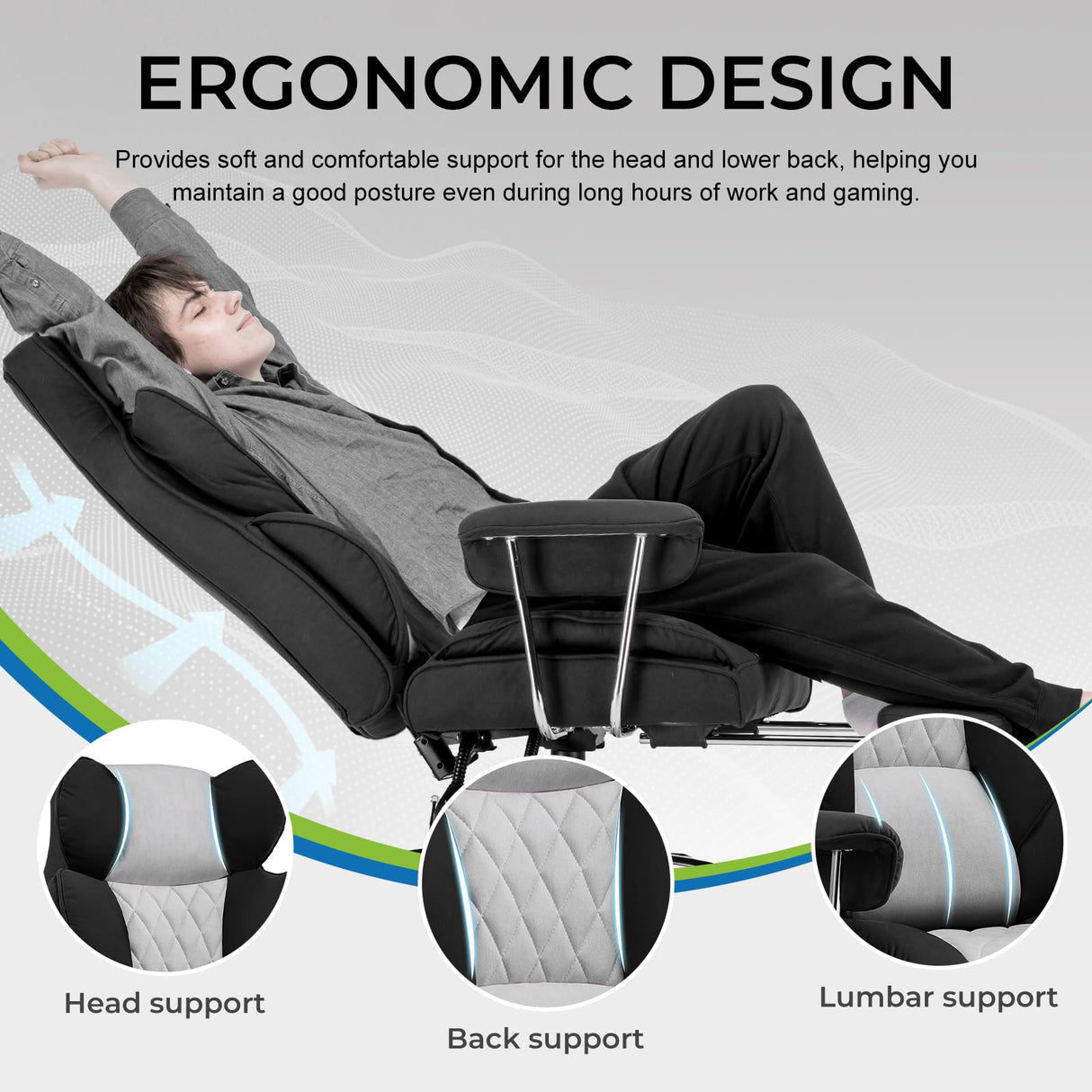 GTRACING Gaming Chair,Office Chair with Pocket Spring Lumbar Support, Ergonomic Comfortable Wide Office Desk Computer Chair with Outward Fixed Soft Armrests and Footrest (Fabric, Black & Gray) GTRACING