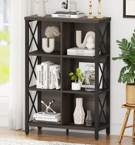 FATORRI 6 Cube Storage Organizer Shelf, Rustic Wood and Metal Cubby Bookcase, Industrial 4 Tier Cube Bookshelf (Walnut Brown) FATORRI