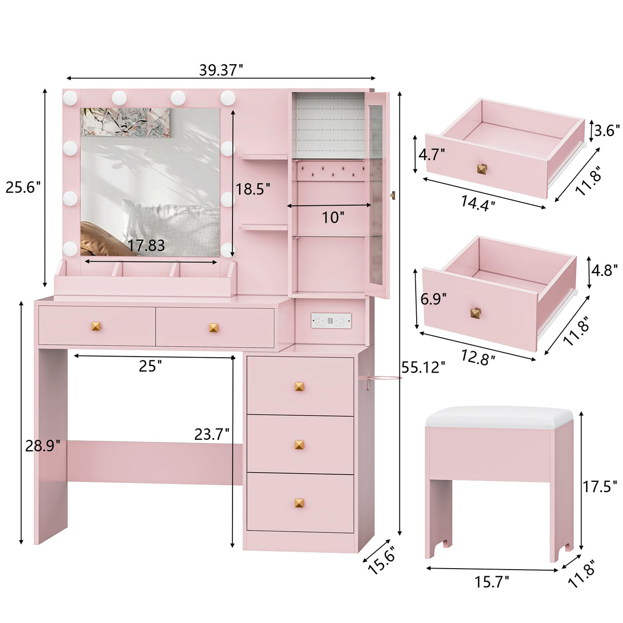 Vanity Desk with Mirror and Lights, Pink Makeup Vanity with 5 Drawers Hidden Jewelry Organizer& LED Glass Cabinet,3 Lights Mode and Brightness Adjusted,Vanity Mirror with Lights Desk and Chair HUANLEGO