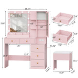 Vanity Desk with Mirror and Lights, Pink Makeup Vanity with 5 Drawers Hidden Jewelry Organizer& LED Glass Cabinet,3 Lights Mode and Brightness Adjusted,Vanity Mirror with Lights Desk and Chair HUANLEGO