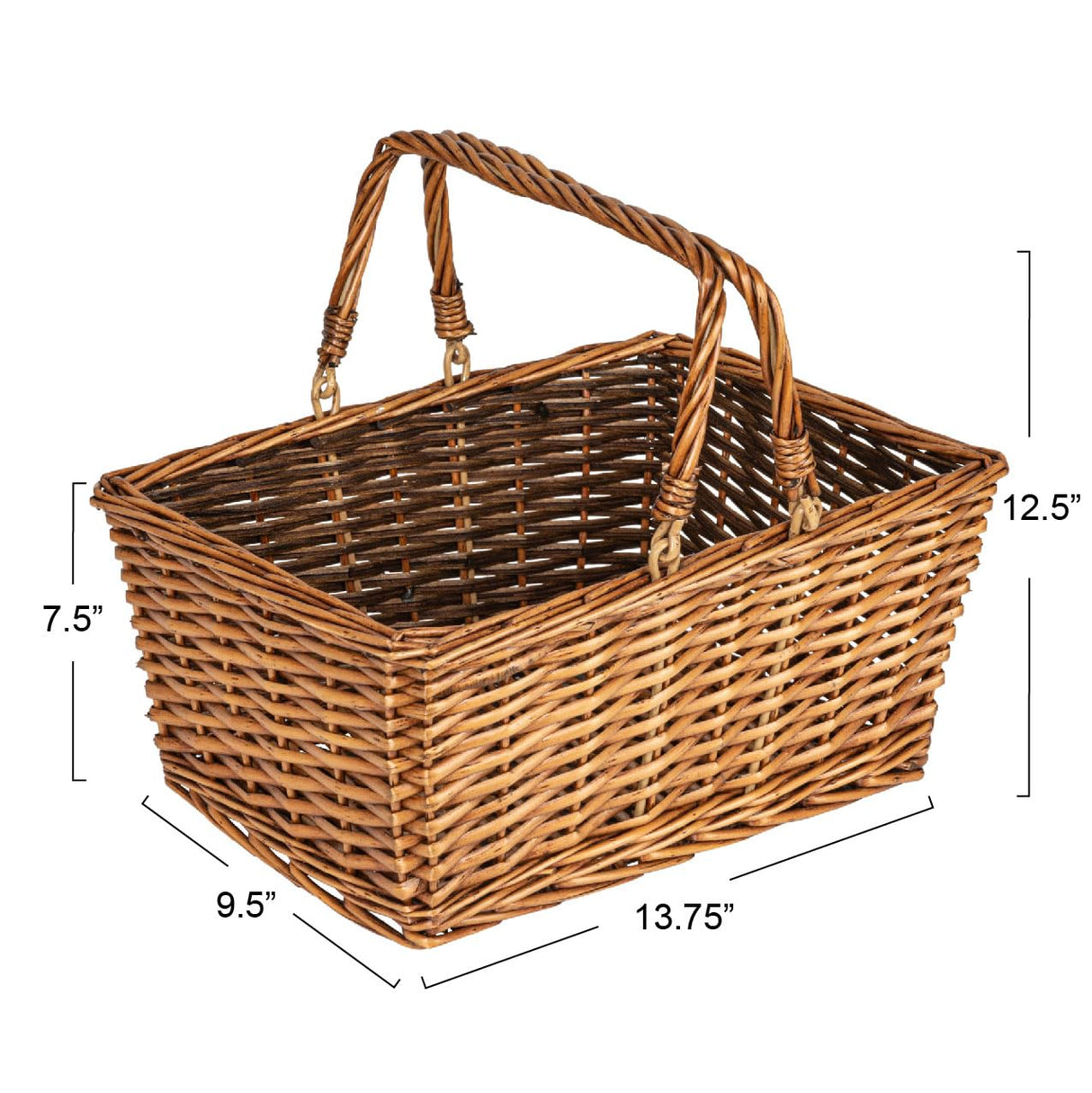 Household Essentials Woven Market Basket, Handwoven Willow Weave, Stylish Handles with Durable Metal Anchors, Classic and Versatile, Attractive, Spacious, Lightweight, Brown Stain Household Essentials