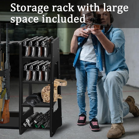 Salajory Indoor Gun Rack, Adjustable Wood Gun Rack with Pistol Rack, Floor Standing Shotgun Rack Gun Display Rack Rifle Storage for Garage Gun Storage - Holds 9 Long Guns and 8 Handguns Salajory