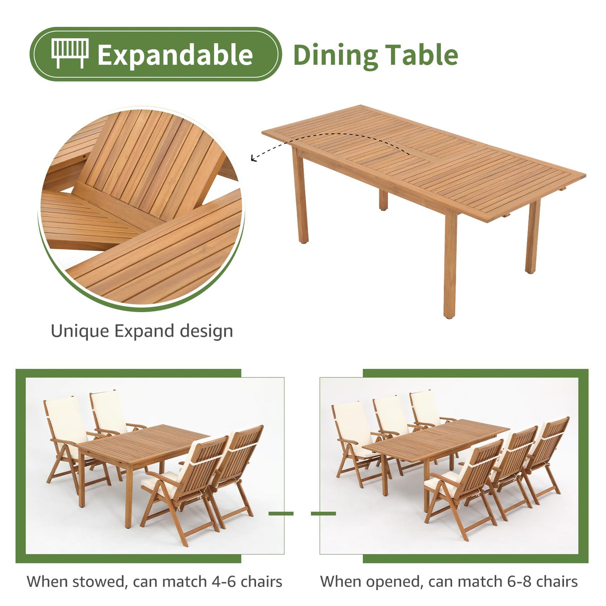 OC Orange-Casual 7 Piece Patio Dining Set, Outdoor Acacia Wood Furniture Set w/Extendable Rectangular Table and 6 Foldable Reclining Chair, FSC Certified, for Deck Garden Backyard, Beige OC Orange-Casual