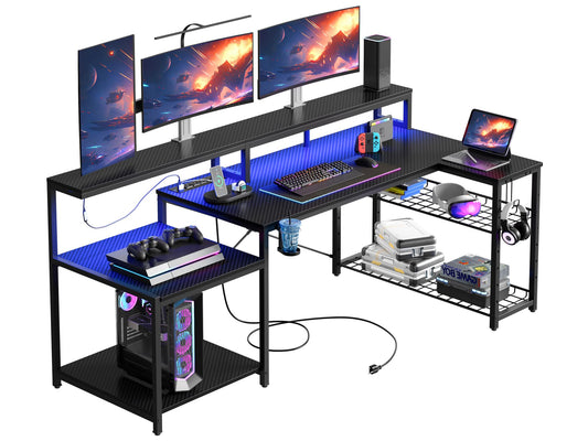 Bestier Gaming Desk with Power Outlet, 71.5 inch LED Computer Desk with Monitor Stand, L Shaped Large Desk with Metal Shelf, Cup Holder & Headset Hooks, Corner Desk for Bedroom 3D Carbon Fibe - WoodArtSupply