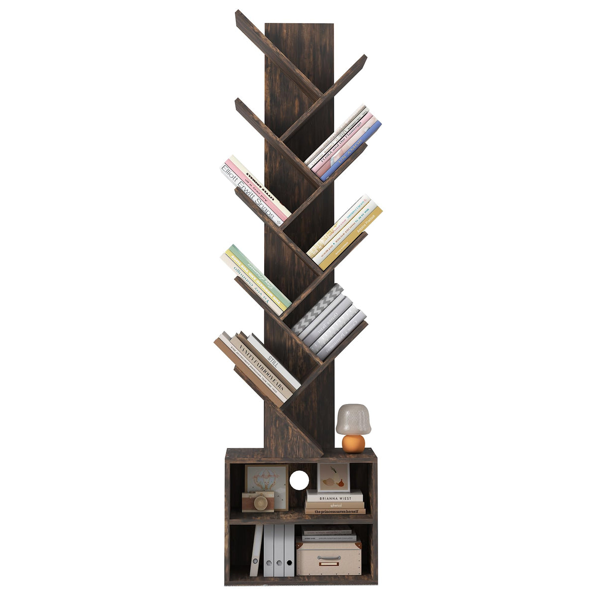 Azaeahom 8 Tier Tree Bookshelf, Wood Bookcase with Storage Cabinet, Modern Tall Narrow Bookshelves Organizer, Floor Standing Book Shelf for Bedroom/Living Room/Home Office/Corner (Brown, 8 Tier) Azaeahom