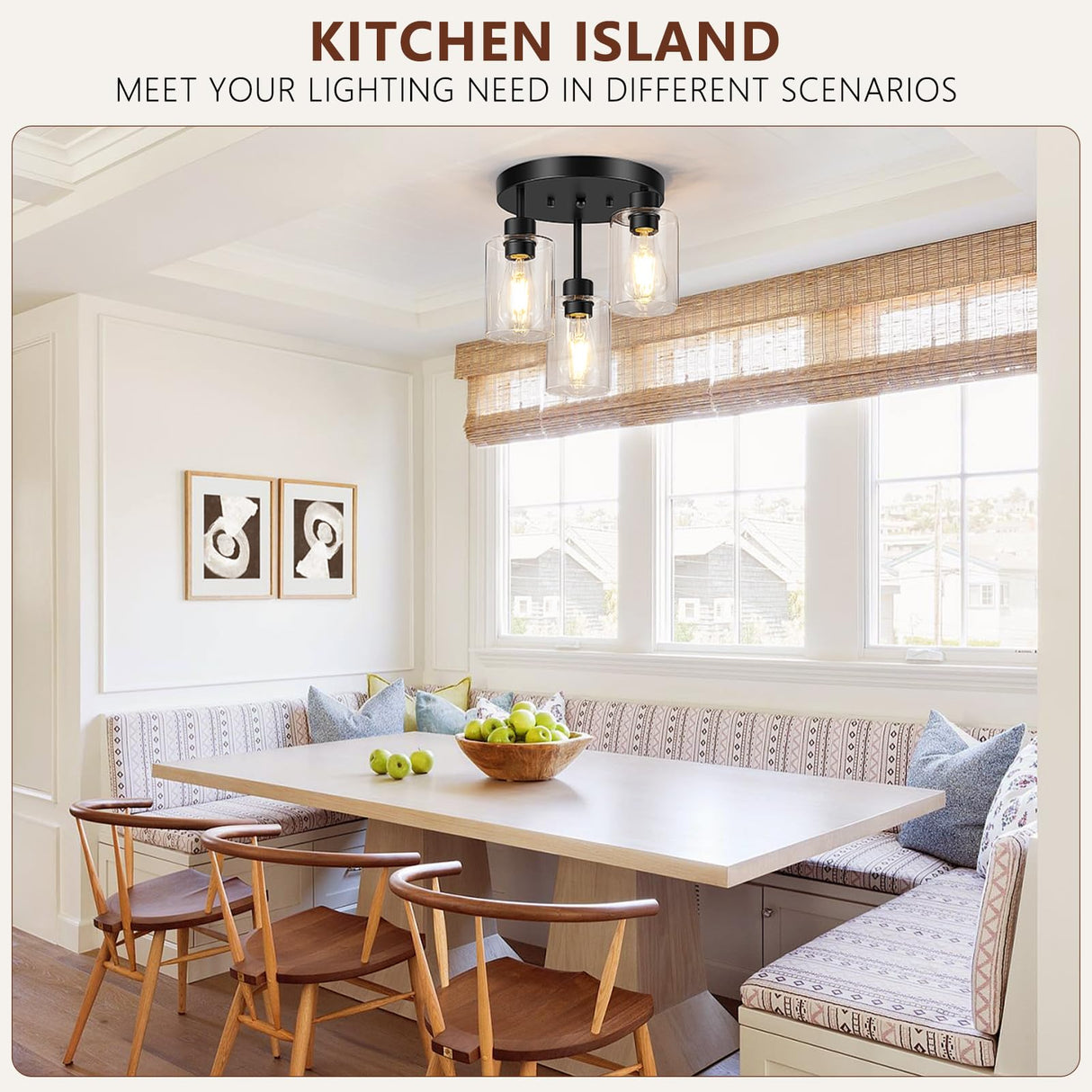 Feanron Farmhouse Flush Mount Ceiling Light, Black 3-Light Hallway Light Fixtures Ceiling with Clear Glass Shades, Light Fixtures Ceiling Mount for Kitchen Living Room Foyer, E26 Base Feanron