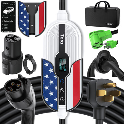Tera Electric Vehicle Charger for Tesla: Level 1 & 2 J1772 EV Portable 32A 8A 110V 240V Wall Connector Dual Use ETL NEMA 14-50 & 5-15 Wi-Fi Enabled 25FT Cable with Holder P01