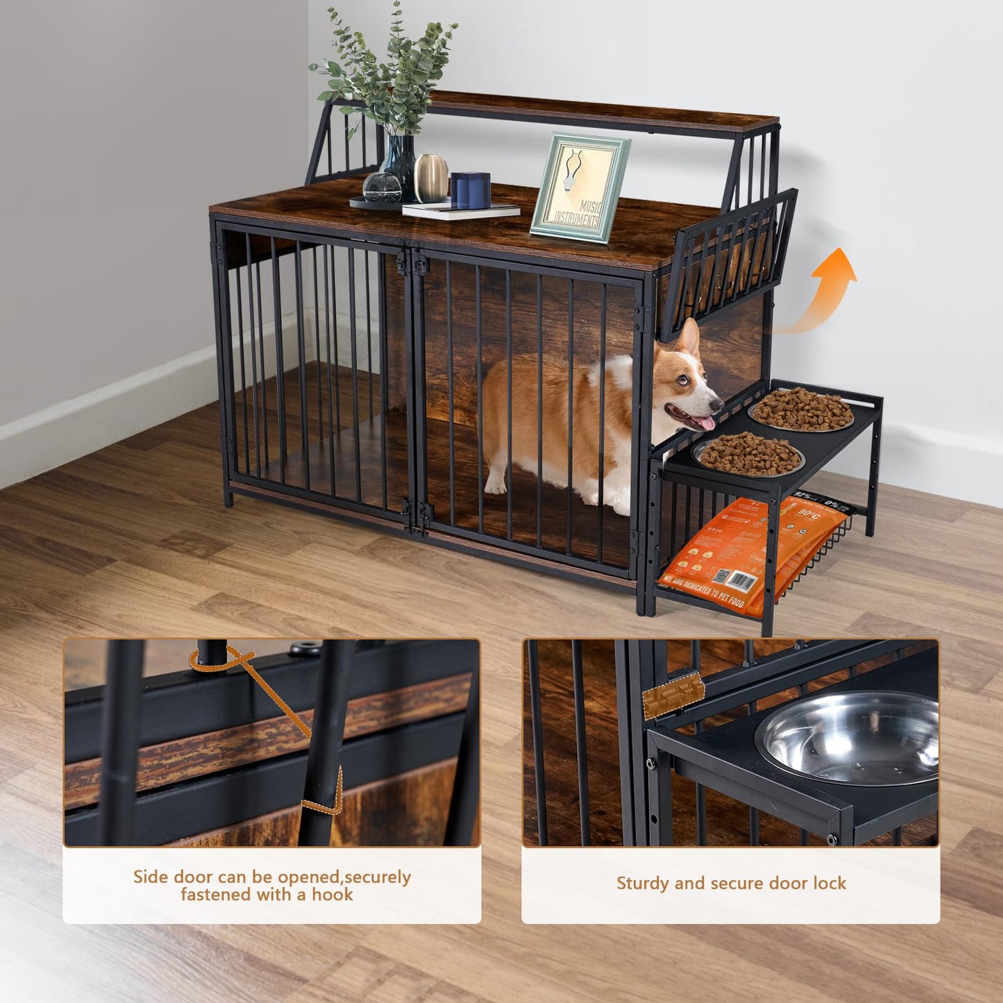 LitaiL Large Dog Crate Furniture with Elevated Dog Bowls, 39 Inch Wooden Dog Kennel with 3 Doors & 2-Layer Storage Shelves, Anti-Chew Heavy Duty Dog Cage for Dogs up to 70lb, Rustic Brown - WoodArtSupply