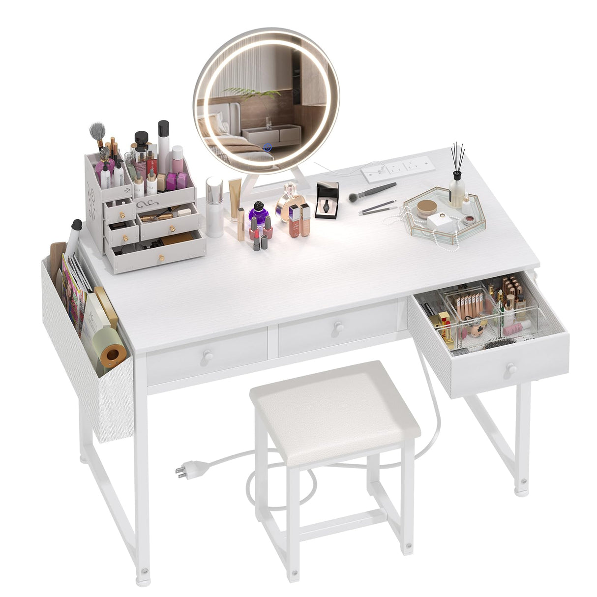 Lufeiya White Makeup Vanity Desk with Mirror and Lights, 40 inch Make Up Vanity Desks with Fabric Drawers & Power Outlet, Dressing Table and Chair Set for Girls Bedroom, White Lufeiya