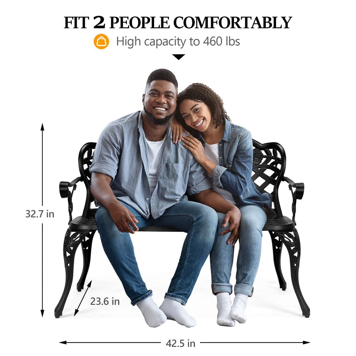 VINGLI 42.5" Patio Garden Bench Outdoor Metal Rose Loveseat, Cast Iron Cast Aluminium Frame Antique Finish Park Chair, Accommodates 2-3 People VINGLI