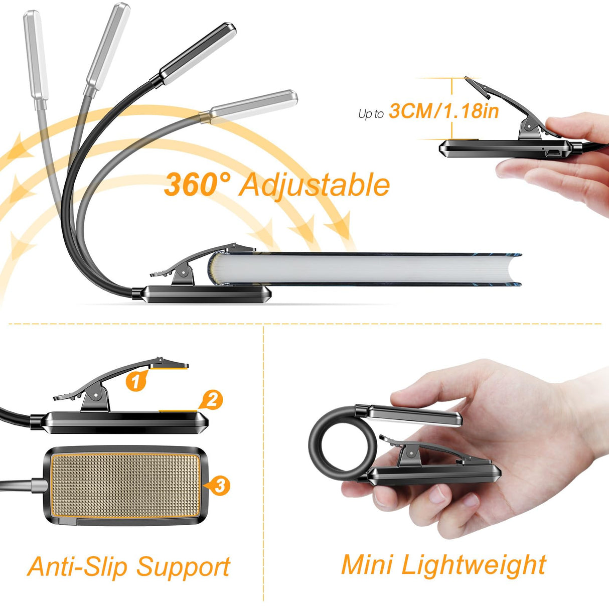 Gritin 9 LED Rechargeable Book Light for Reading in Bed - Eye Caring 3 Color Temperatures,Stepless Dimming Brightness,80 Hrs Runtime Small Lightweight Clip On Book Reading Light for Studying Gritin
