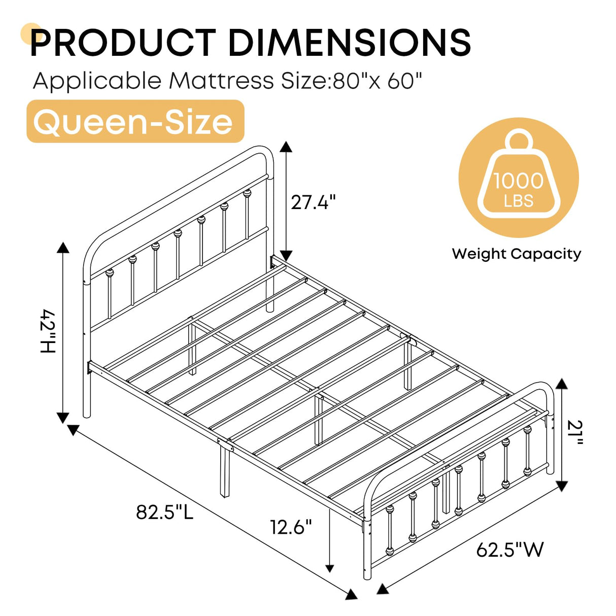 Chuangshuo Guard Queen Bed Frame-Classic Metal Platform Bed Frame Mattress Foundation with Victorian Style Iron-Art Headboard/Footboard/Storage Space/No Box Spring Needed/Black Chuangshuo Guard