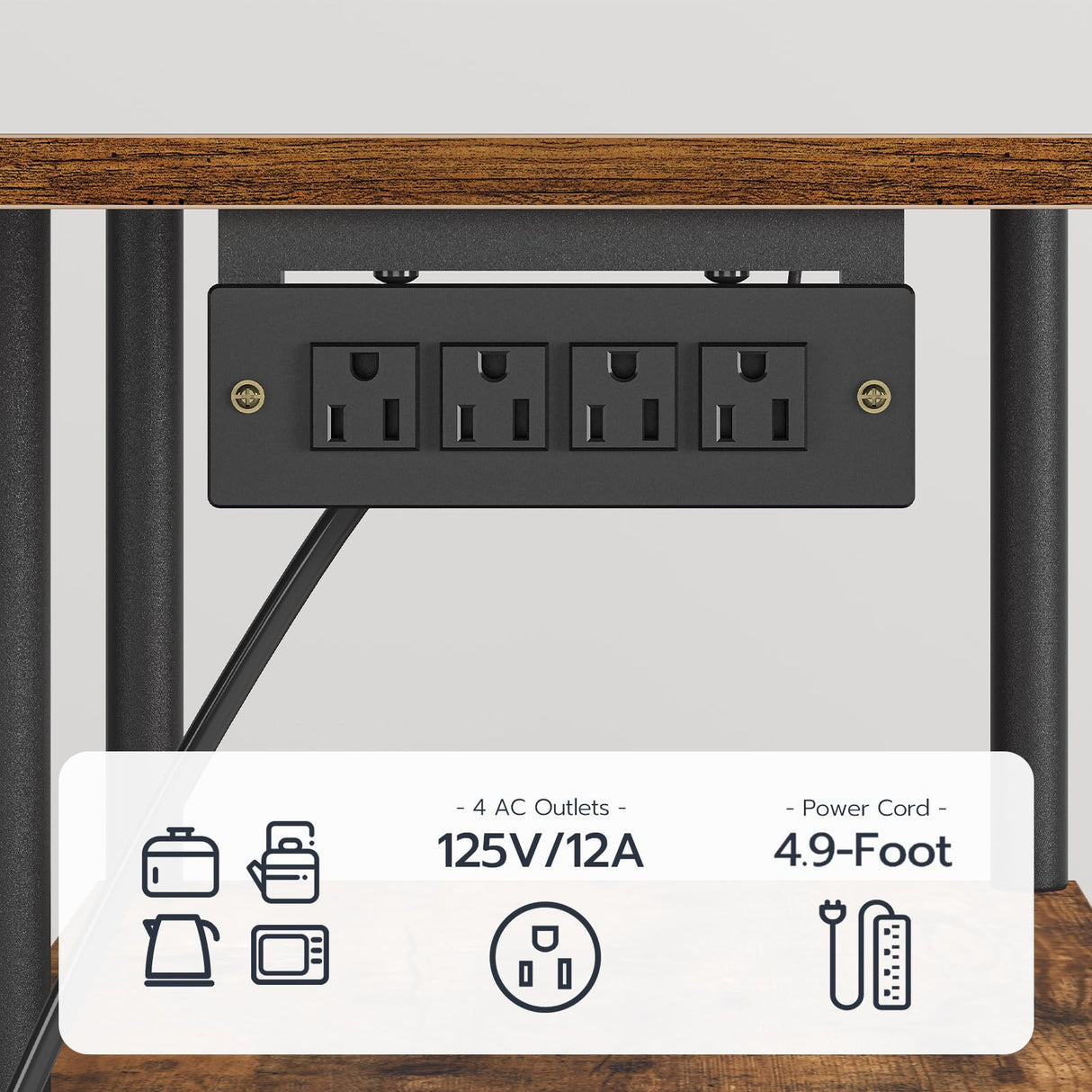 HOOBRO Bakers Rack with Power Outlet, Microwave Stand with 5 S-Shaped Hooks, Coffee Bar, Kitchen Storage Shelf, for Kitchen, Living Room, Rustic Brown and Black BF19UHB01 HOOBRO