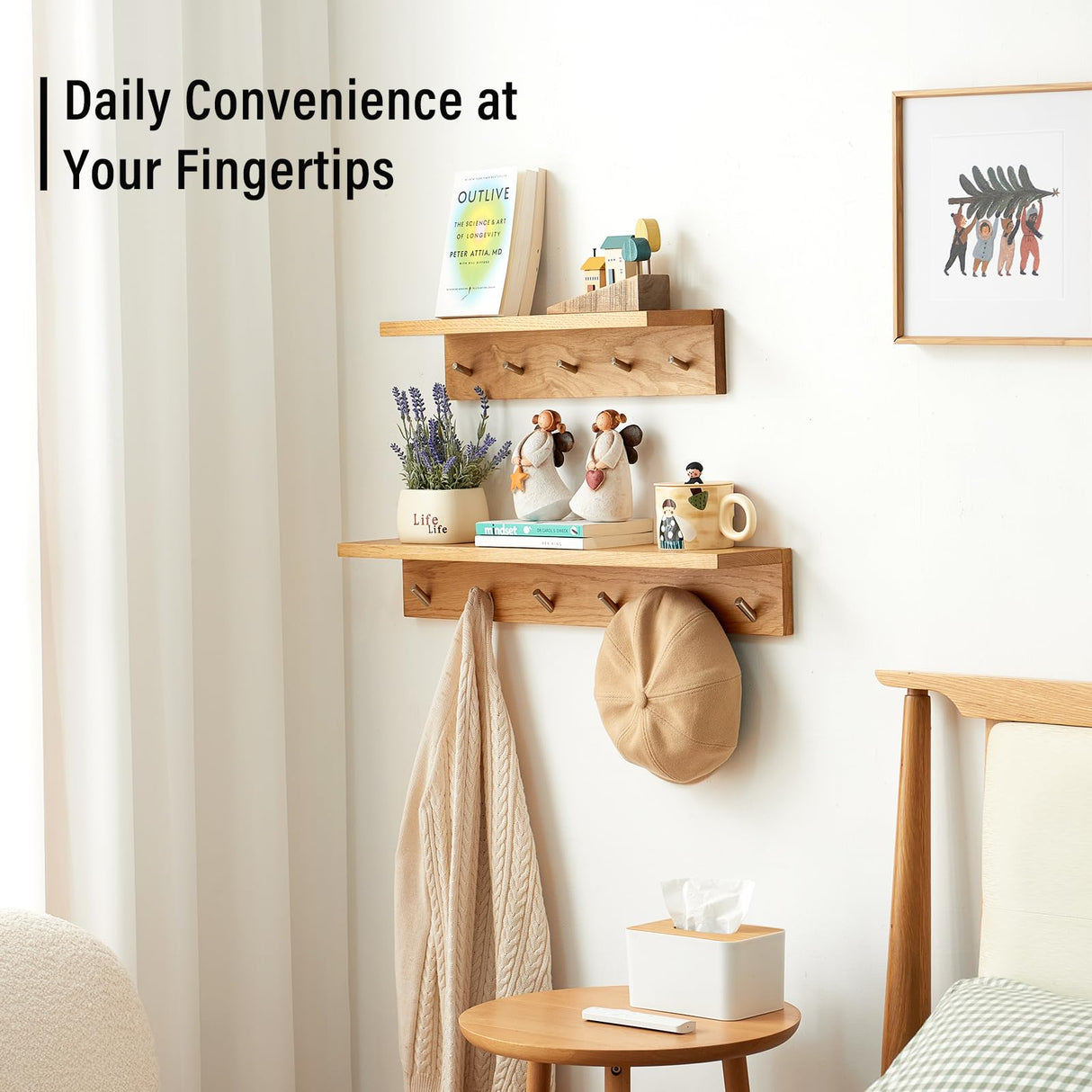 Rsuwiz Wall Hooks with Shelf Oak Wood Coat Rack Shelf Wall Mounted, Entryway Shelf with 6 Metal Hangers for Clothes Hats Towel for Bathroom, Bedroom, Living Room (Natural, 27.5 inches) Rsuwiz