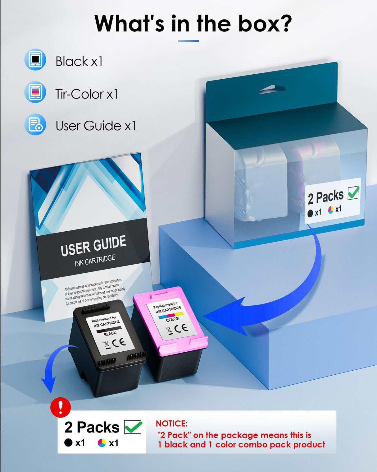 TECKKIN 64XL Ink Cartridges Black/Color Combo Pack Replacement for HP Ink 64 64XL for HP Envy Photo 7855 7858 7155 7120 Printer (1 Black, 1 Color) TECKKIN