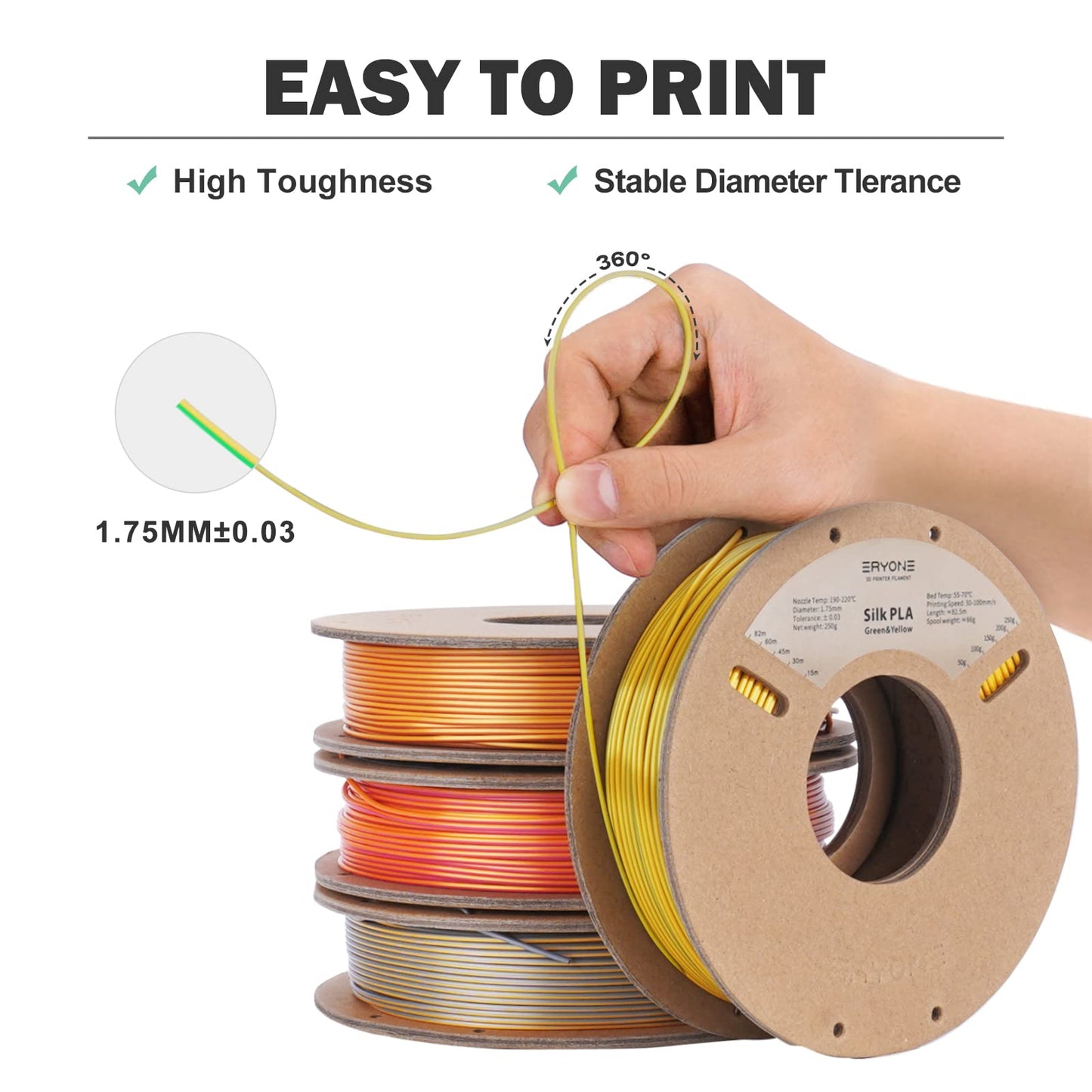 ERYONE Silk Dual Color Filament PLA 3D Printer 1.75mm +/- 0.03mm, Silk Coextrusion PLA Shiny Filament 0.25kg/Spools,4Pack(2.2lbs), Glod&Copper, Gold&Silver, Red&Glod, Yellow&Green - WoodArtSupply