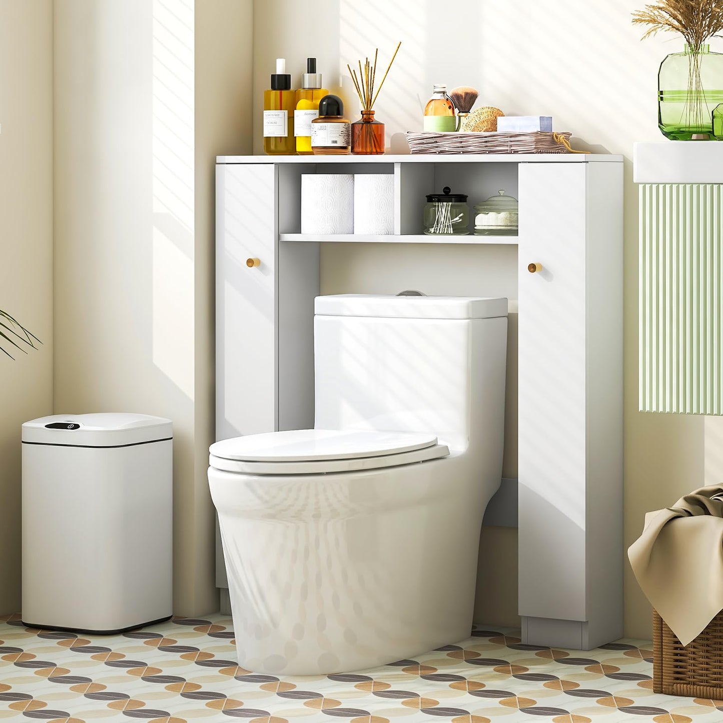 Giantex White Over The Toilet Storage Cabinet with Adjustable Shelves and Double Doors - WoodArtSupply