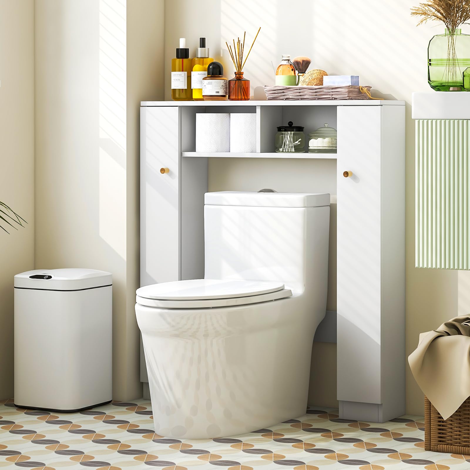 Giantex White Over The Toilet Storage Cabinet with Adjustable Shelves and Double Doors - WoodArtSupply