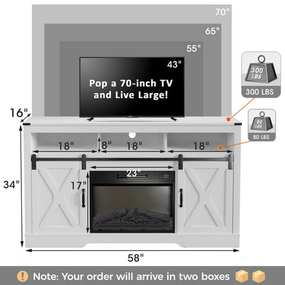 RoyalCraft Farmhouse Fireplace TV Stand for 65+ Inch TV, Entertainment Center with 23" Electric Fireplace with Remote, 34" Tall Modern Rustic TV Console with Sliding Bar Door for Living Room, White