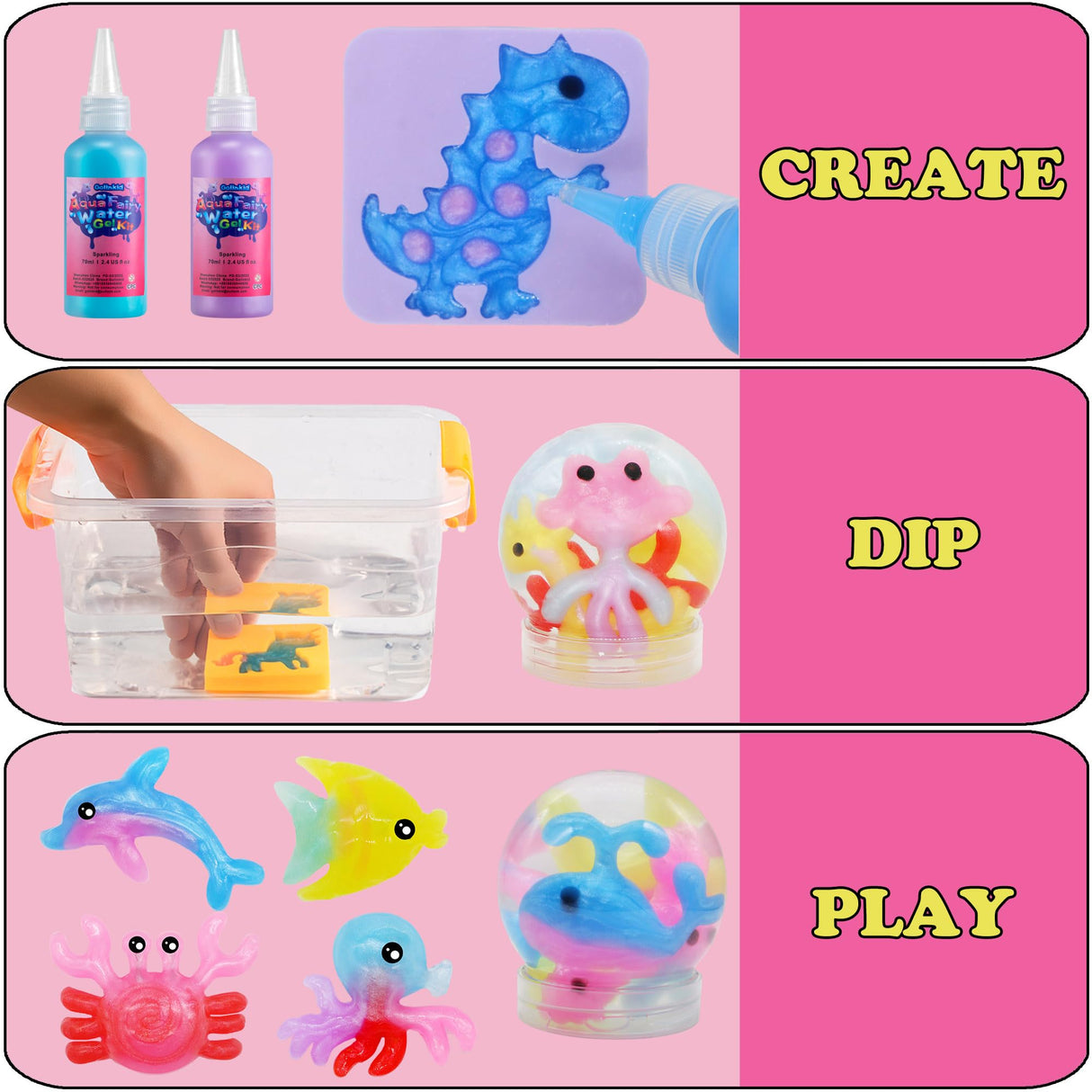 Golinkid Magic Water Elf Toy Kit, 20 Bottles 24 Molds 70ML Aqua Fairy Water Gel Kit with Sparkling Magic Gel Glow in The Dark, Crate Your Own Magic Water Pets Aqua Fairy Craft Kits for Kids Golinkid