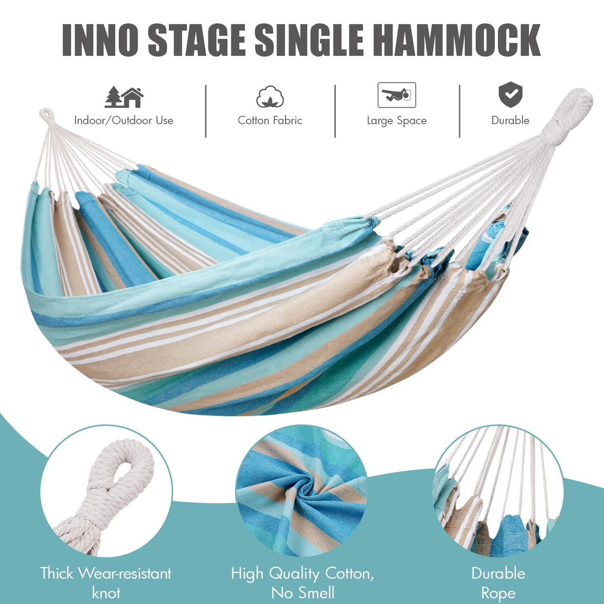 Brazilian Hammock with Tree Straps - Canvas Hammocks Portable Hammock with Carry Bag for Backyard, Porch, Outdoor and Indoor Use Blue & Green INNO STAGE