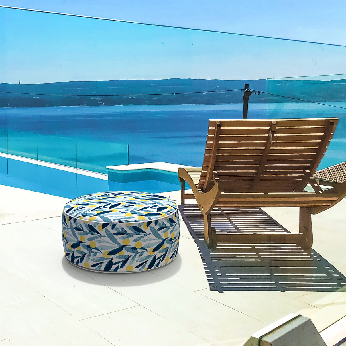 LVTXIII Outdoor/Indoor Inflatable Stool Ottoman, All Weather Patio Footrest Pouf, Portable Round Ottoman for Patio Garden, Camping or Home, D21xH9 Inches, Blue Leaves LVTXIII