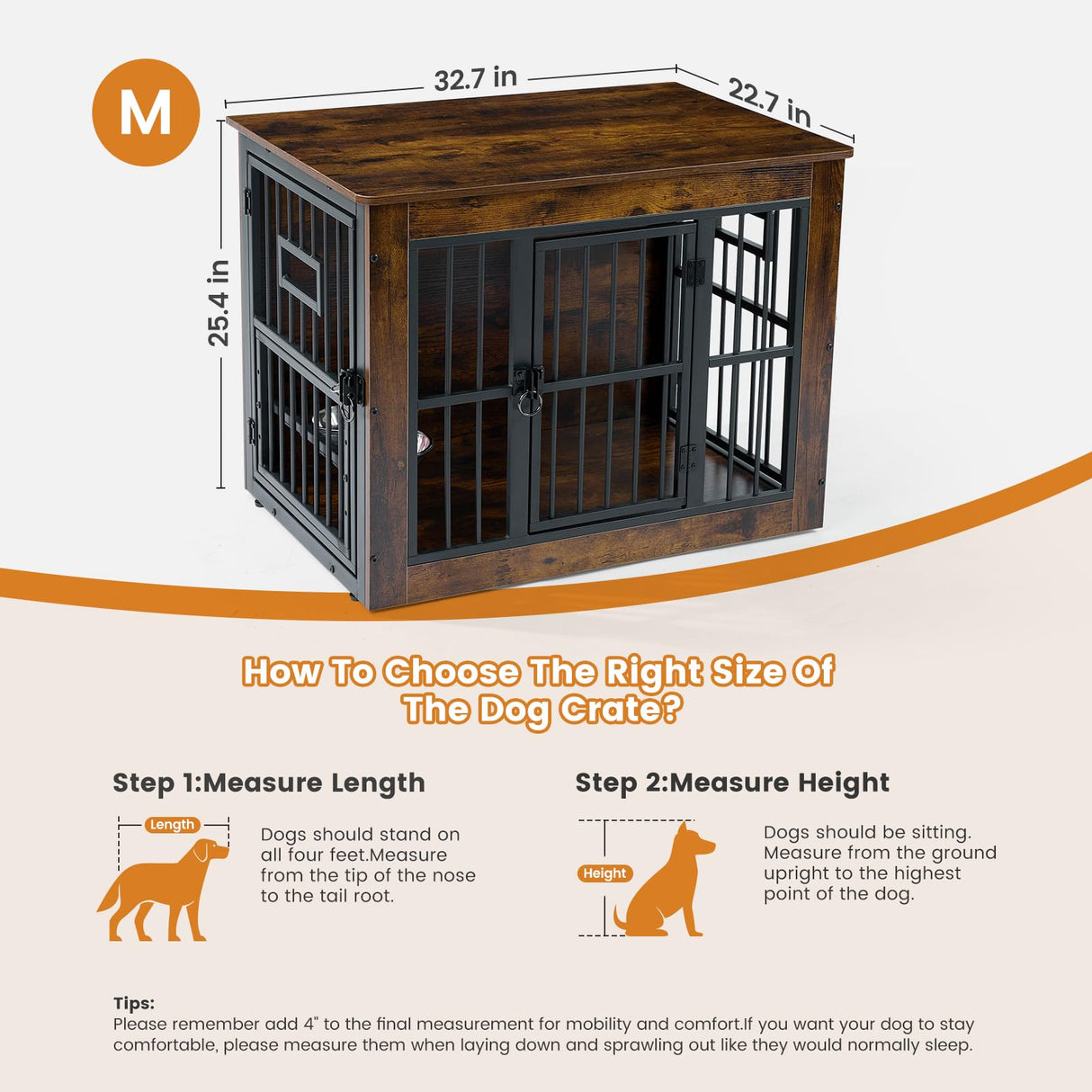 Gardner Pet Dog Crate Furniture for Medium Dogs, 32.7 Inch Dog Kennel Indoor, Wooden Dog Cage End Table with 2 Removable Bowls, Heavy Duty Dog Crate, Rustic Brown Gardner Pet