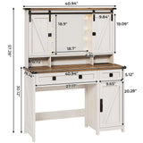 VIAGDO Farmhouse Makeup Vanity Desk with Sliding Door and Lights, Vanity Table with Charging Station & 2 Drawers, Rustic Big Vanity Table with Hooks/Shelves/Hidden Space for Bedroom VIAGDO