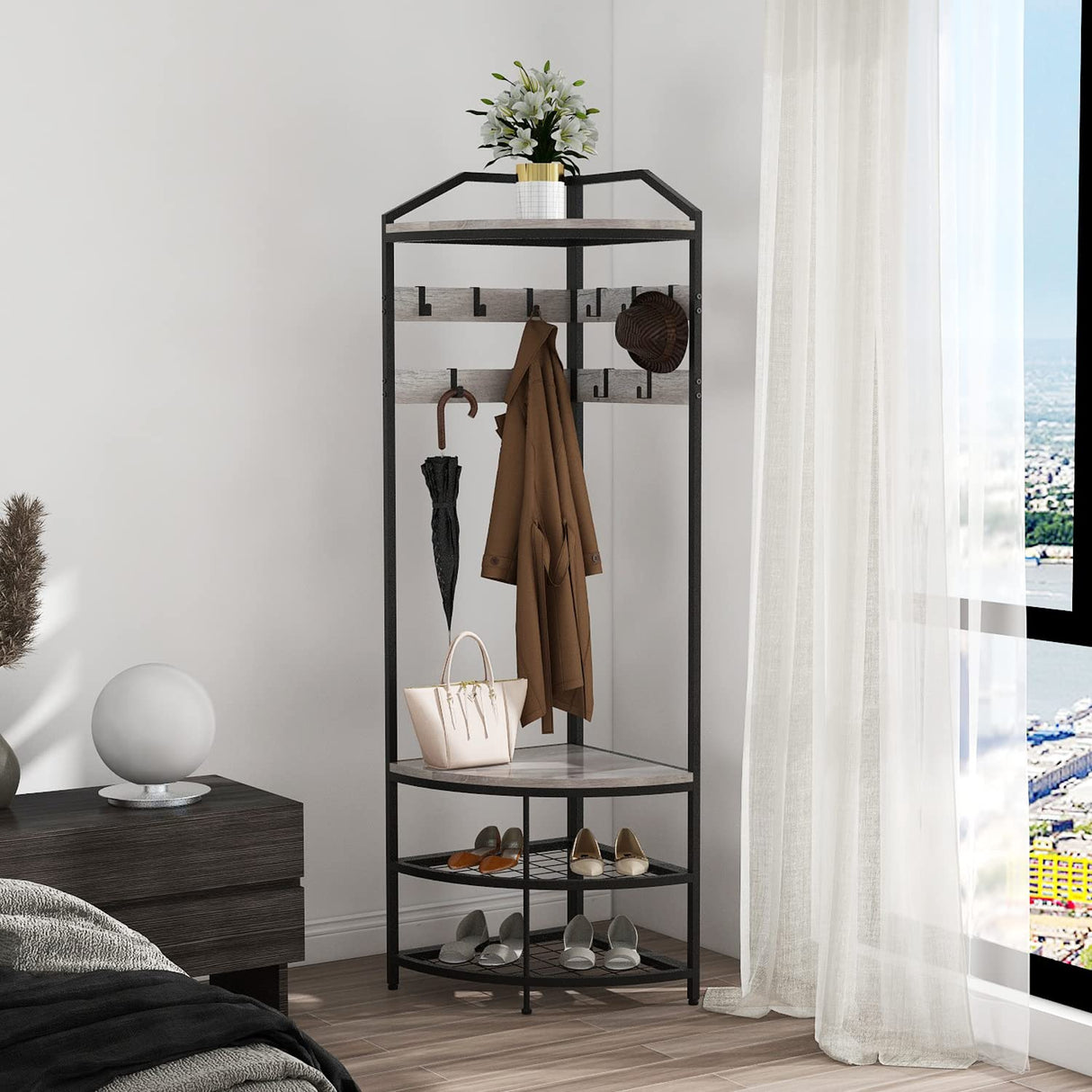 GiftGo Grey Corner Hall Tree with Shoe Bench Entryway Coat Rack with 10 Metal Movable Hooks Rustic Farmhouse Floorstanding Clothes Rack Shoes Shelf Organizer for Home Office Bedroom (Greige) GiftGo