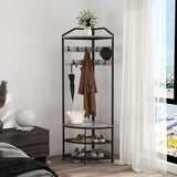 GiftGo Grey Corner Hall Tree with Shoe Bench Entryway Coat Rack with 10 Metal Movable Hooks Rustic Farmhouse Floorstanding Clothes Rack Shoes Shelf Organizer for Home Office Bedroom (Greige) GiftGo